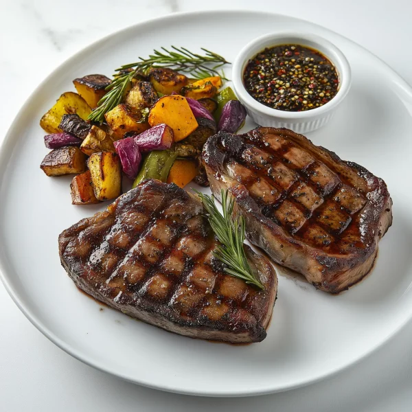 Two-perfectly-grilled-rump-steaks-medium-rare-with-visible-char-marks-served-on-a-white-ceramic-plate.-The-steaks-are-juicy-and-tender-with-a-slight-pink-center-accompanied-by-a-side-of-roasted