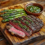 succulent-beef-flat-iron-steak-grilled-with-a-perfect-char-and-served-sliced-on-a-wooden-board-The-steak-is-paired-with-a-side-of-grilled-asparagus-and-a-small-bowl-of-chimichurri-sauce