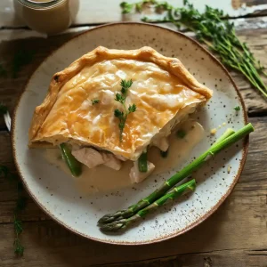 A medium Chicken and Asparagus Pie with flaky pastry, filled with British chicken, asparagus, and leeks in a creamy sauce, available at Wiltshire Country Fayre.