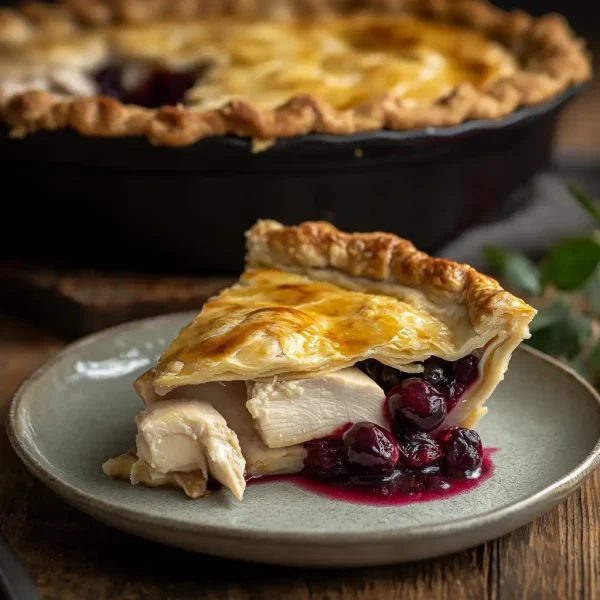 A medium-sized Chicken, Brie & Cranberry Pie with a golden, flaky pastry, filled with diced chicken, Brie, and cranberries, available from Wiltshire Country Fayre