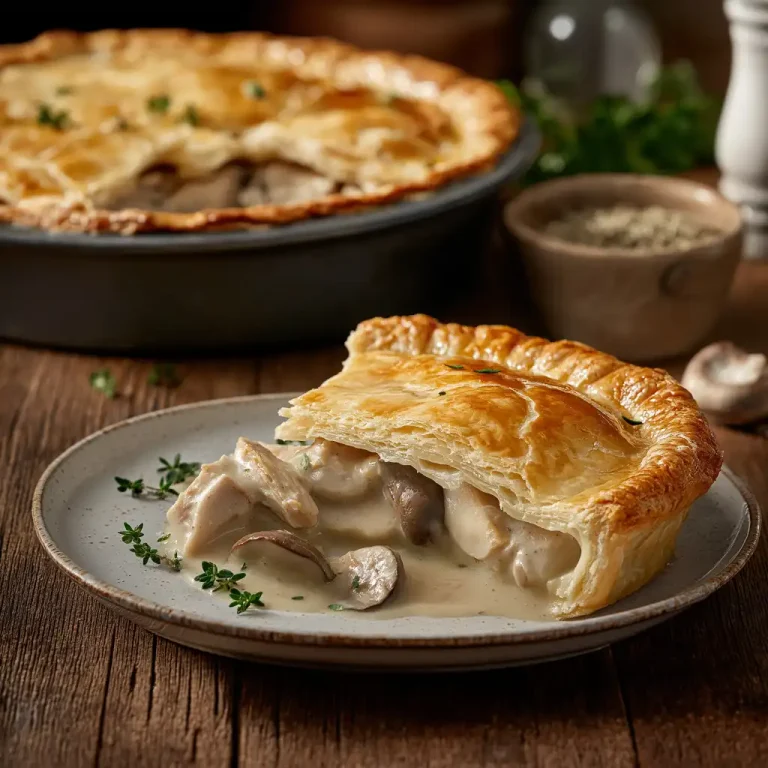 A medium Chicken & Mushroom Pie with golden pastry, filled with tender chicken pieces and mushrooms in a rich gravy, offered by Wiltshire Country Fayre.