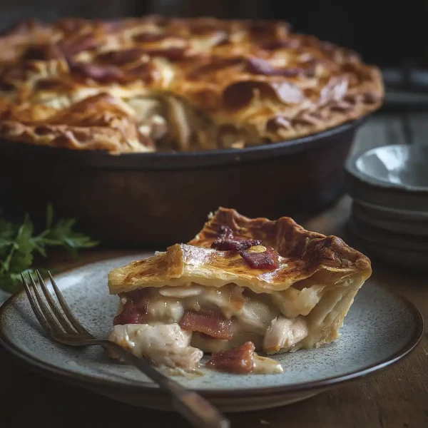 A medium Chicken and Bacon Pie with golden, flaky pastry, filled with tender chicken and crispy bacon, available at Wiltshire Country Fayre.