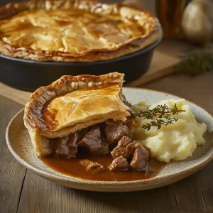 A medium Steak & Ale Pie with golden, flaky pastry, filled with hand-diced British beef slow-cooked in ale, available from Wiltshire Country Fayre.