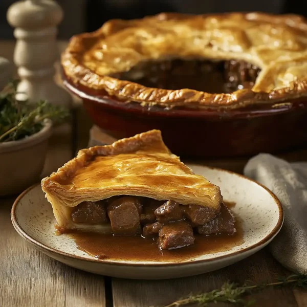 A family-sized 800g Steak & Kidney Pie with buttery pastry, filled with British beef and ox kidneys in a rich gravy, offered by Wiltshire Country Fayre.