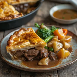 A medium Steak & Kidney Pie with a golden, flaky crust, filled with British beef and ox kidneys in a rich gravy, sold by Wiltshire Country Fayre.