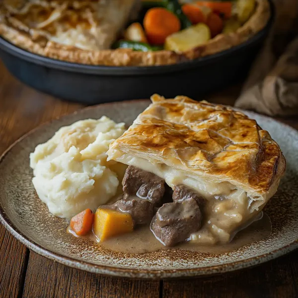 A medium Steak & Stilton Pie with golden pastry, filled with slow-cooked British beef and Stilton cheese, offered by Wiltshire Country Fayre.