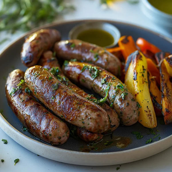 Beef and herb sausages with roasted vegetables, UK-based artisanal sausages