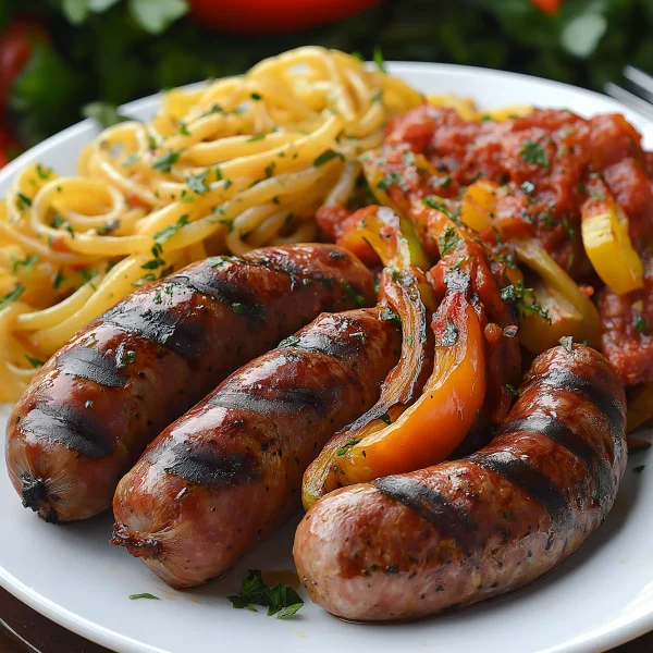 Italian sausages served with pasta, UK favourite with Mediterranean flavours