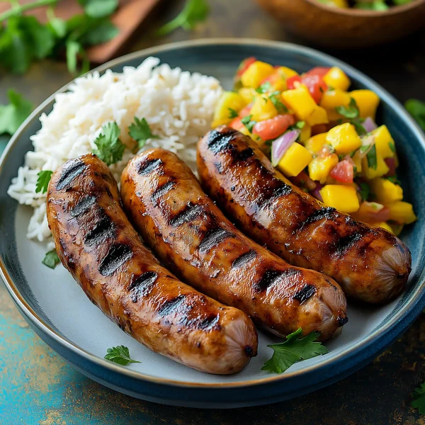 Jerk chicken sausages with a side of rice, spicy UK sausage with Caribbean flair