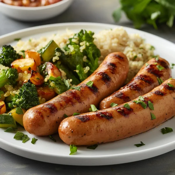 Healthy turkey sausages served with vegetables