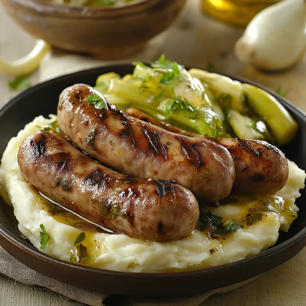 Pork and leek sausages with mashed potatoes