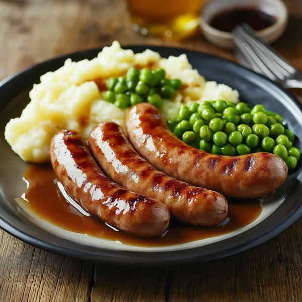 Traditional British sausages served with mashed potatoes