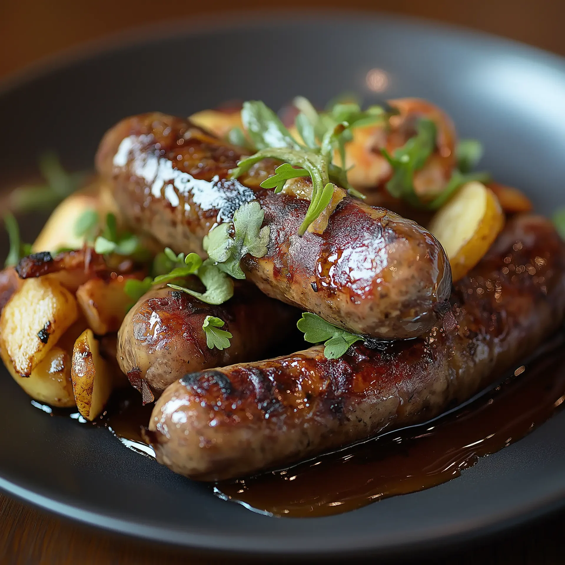 Wild boar and apple sausages served with roasted apples