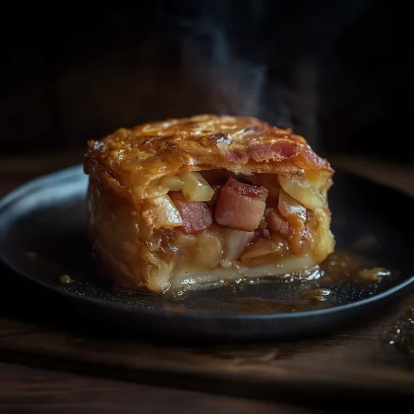 traditional bacon and onion suet pudding on a dark plate. The golden-brown suet pastry is partially cut open