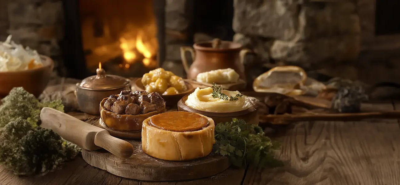 A historical scene set in a medieval English kitchen showing the preparation of suet puddings. A cook in period-appropriate clothing mixes ingredients by hand in a large bowl on a wooden table, surrounded by suet, flour, dried fruits, and meats. An open fire with a cauldron and vintage kitchen tools create an authentic, rustic atmosphere.