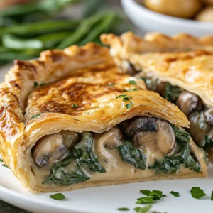 Flaky, golden-brown pie with a rich, creamy filling of mushrooms and spinach. The pie is served on a white plate, with roasted vegetables in the background, highlighting a delicious plant-based option.